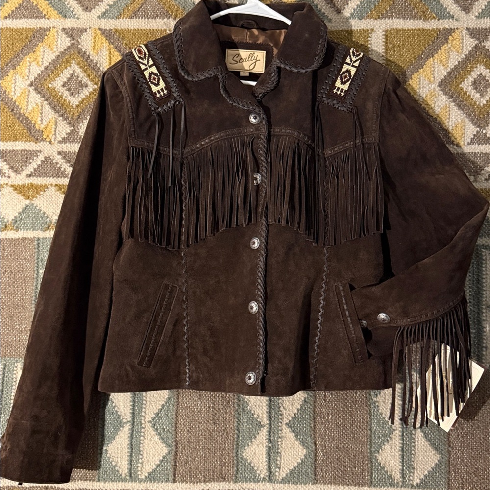 Scully Western Wear Beaded Fringe Jacket in espesso  leather. New with tags.